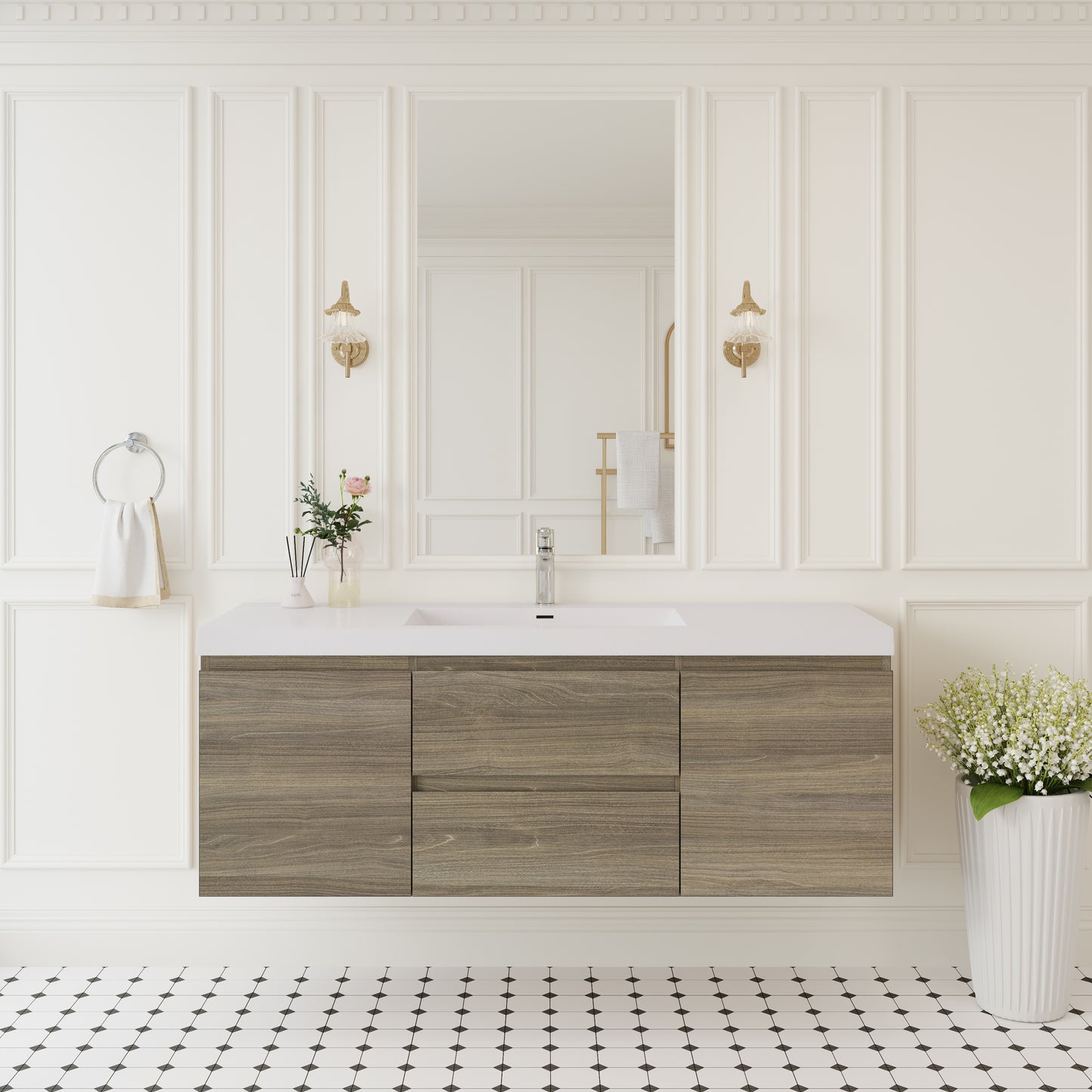 60" Floating Bathroom Vanity with Sink, Wall-Mounted Storage Cabinet with Solid Surface Top Basin and Soft Close Drawers Fully Assembled, Ash Grey 24V11-60SAG-W1920P385499