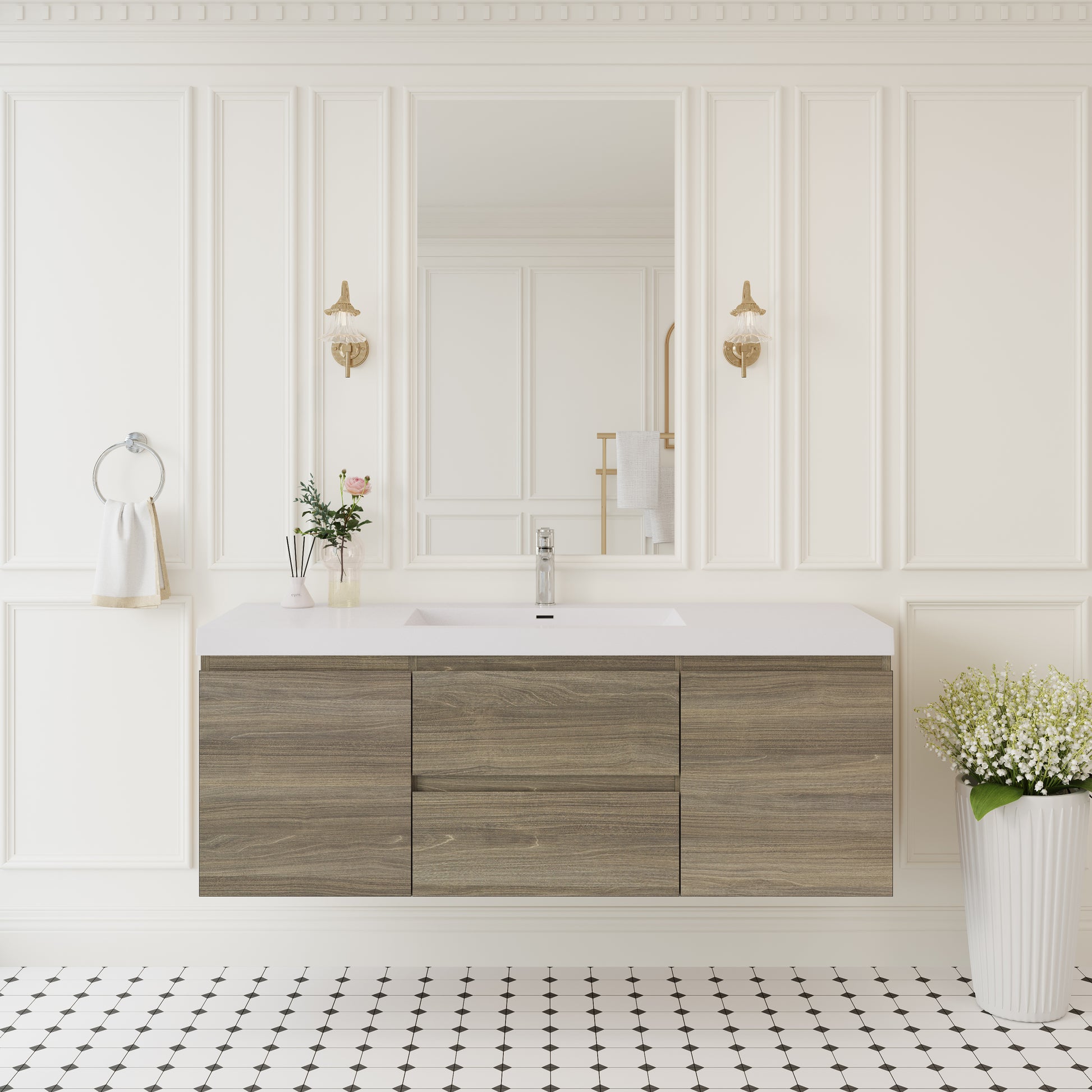 60" Floating Bathroom Vanity with Sink, Wall-Mounted Storage Cabinet with Solid Surface Top Basin and Soft Close Drawers Fully Assembled, Ash Grey 24V11-60SAG-W1920P385499