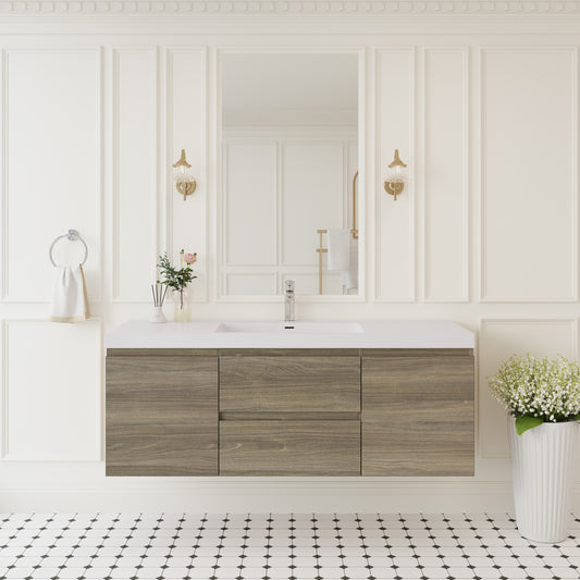 60" Floating Bathroom Vanity with Sink, Wall-Mounted Storage Cabinet with Solid Surface Top Basin and Soft Close Drawers Fully Assembled, Ash Grey 24V11-60SAG-W1920P385499
