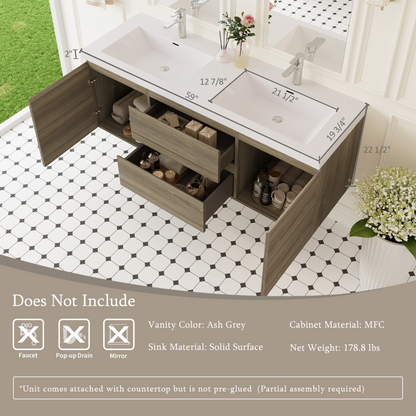 Grey Wood Bathroom Vanity with Sink - Wall Mounted Storage