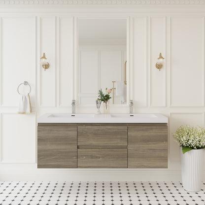 60" Floating Bathroom Vanity with Sink, Wall-Mounted Storage Cabinet with Solid Surface Top Basin, Two Sinks and Soft Close Drawers Fully Assembled, Ash Grey 24V11-60DAG-W1920P385494