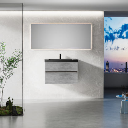 30" Floating Bathroom Vanity with Sink, Wall-Mounted Storage Cabinet with Black Quartz Sand Top Basin and Soft Close Drawers Fully Assembled, EDI-Series Cement Grey 24V12-30GR-W1920P385526