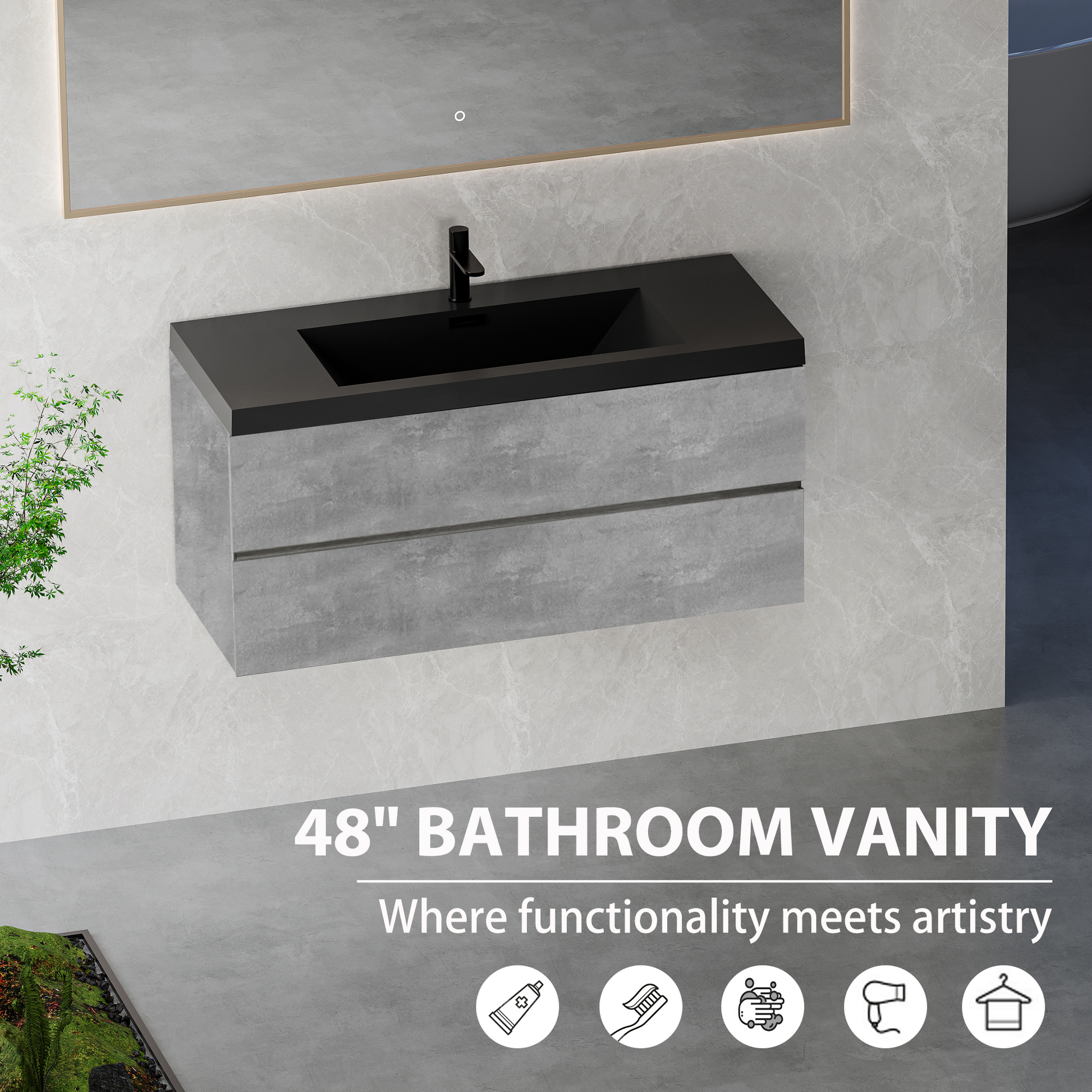 47" Grey Wood Wall Mounted Bathroom Vanity with Sink Storage