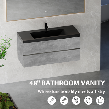 47" Grey Wood Wall Mounted Bathroom Vanity with Sink Storage