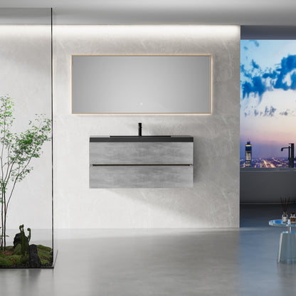 48" Floating Bathroom Vanity with Sink, Wall-Mounted Storage Cabinet with Black Quartz Sand Top Basin and Soft Close Drawers Fully Assembled, EDI-Series Cement Grey 24V12-48GR-W1920P385530