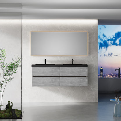 60" Floating Vanity with Sink, Wall-Mounted Storage Cabinet, Double Black Quartz Sand Basins Four Soft-Close Drawers Fully Assembled, EDI-Series, Cement Grey 24V12-60GR-W1920P385533