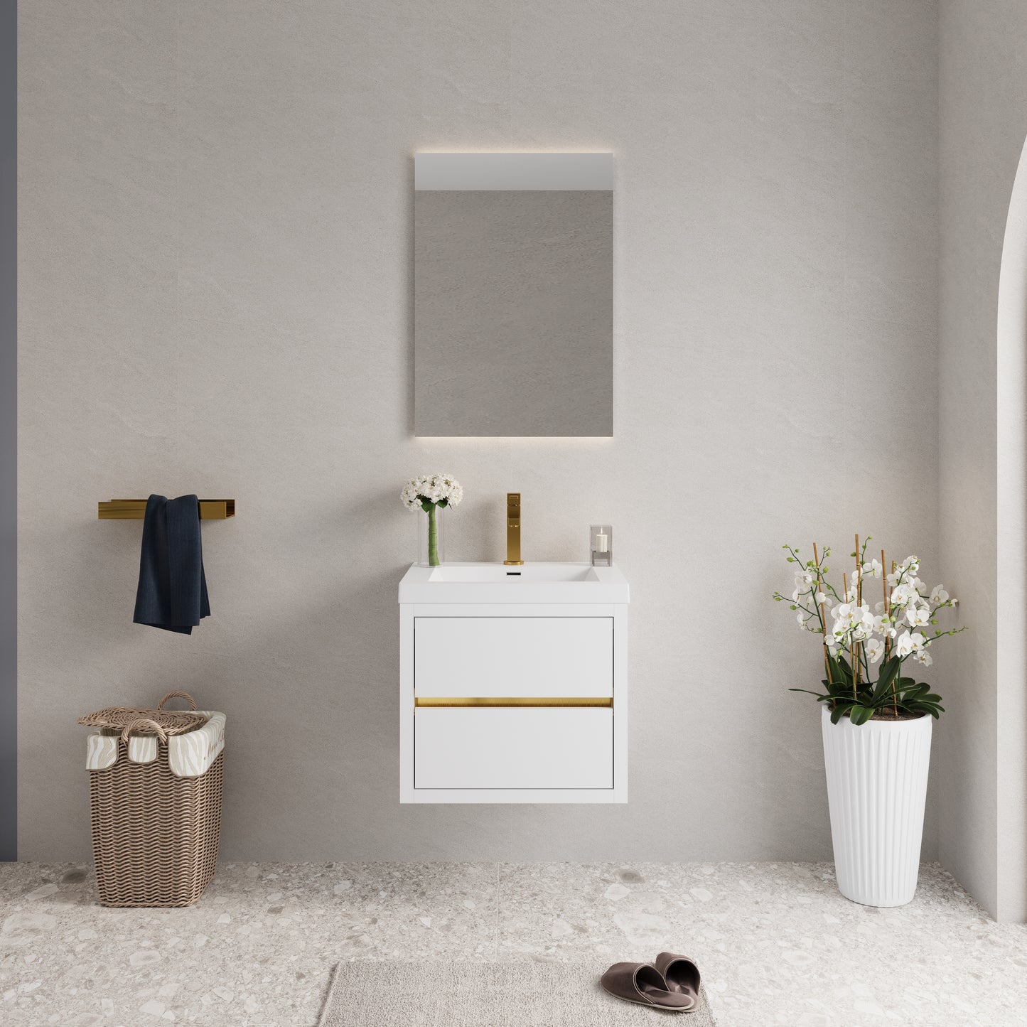 24" Wall-Mounted Bathroom Vanity with Sink, Floating Bathroom Storage Cabinet with Stone Resin Countertop and Soft Close Drawers Fully Assembled, Glossy White 24V15-24GW-W1920P385566