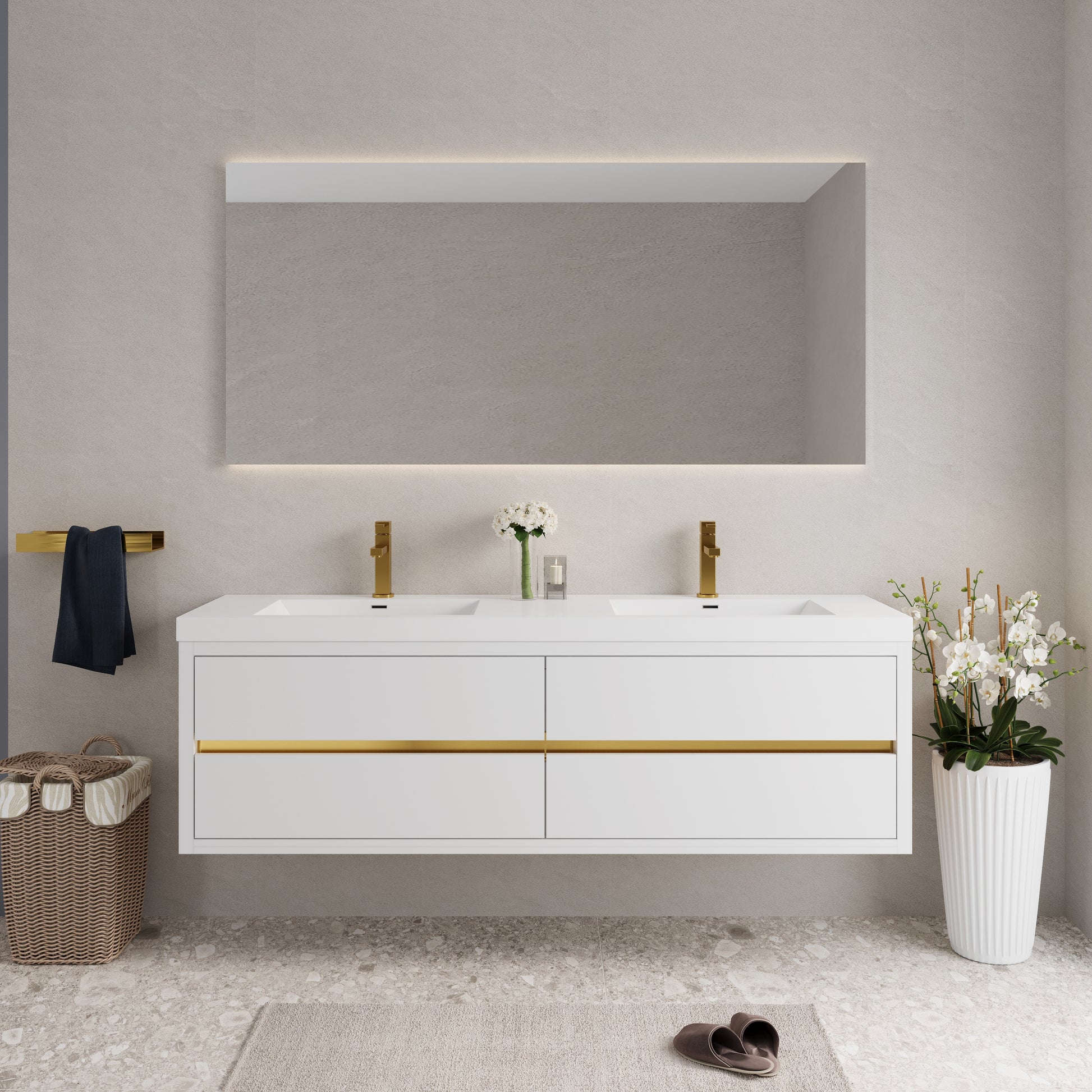 72" Wall-Mounted Bathroom Vanity with Double Sinks, Floating Bathroom Storage Cabinet with Stone Resin Countertop and Soft Close Drawers Fully Assembled, Glossy White 24V15-72GW-W1920P385586