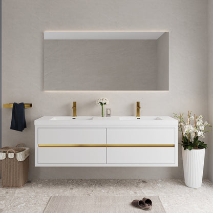 72" Wall-Mounted Bathroom Vanity with Double Sinks, Floating Bathroom Storage Cabinet with Stone Resin Countertop and Soft Close Drawers Fully Assembled, Glossy White 24V15-72GW-W1920P385586