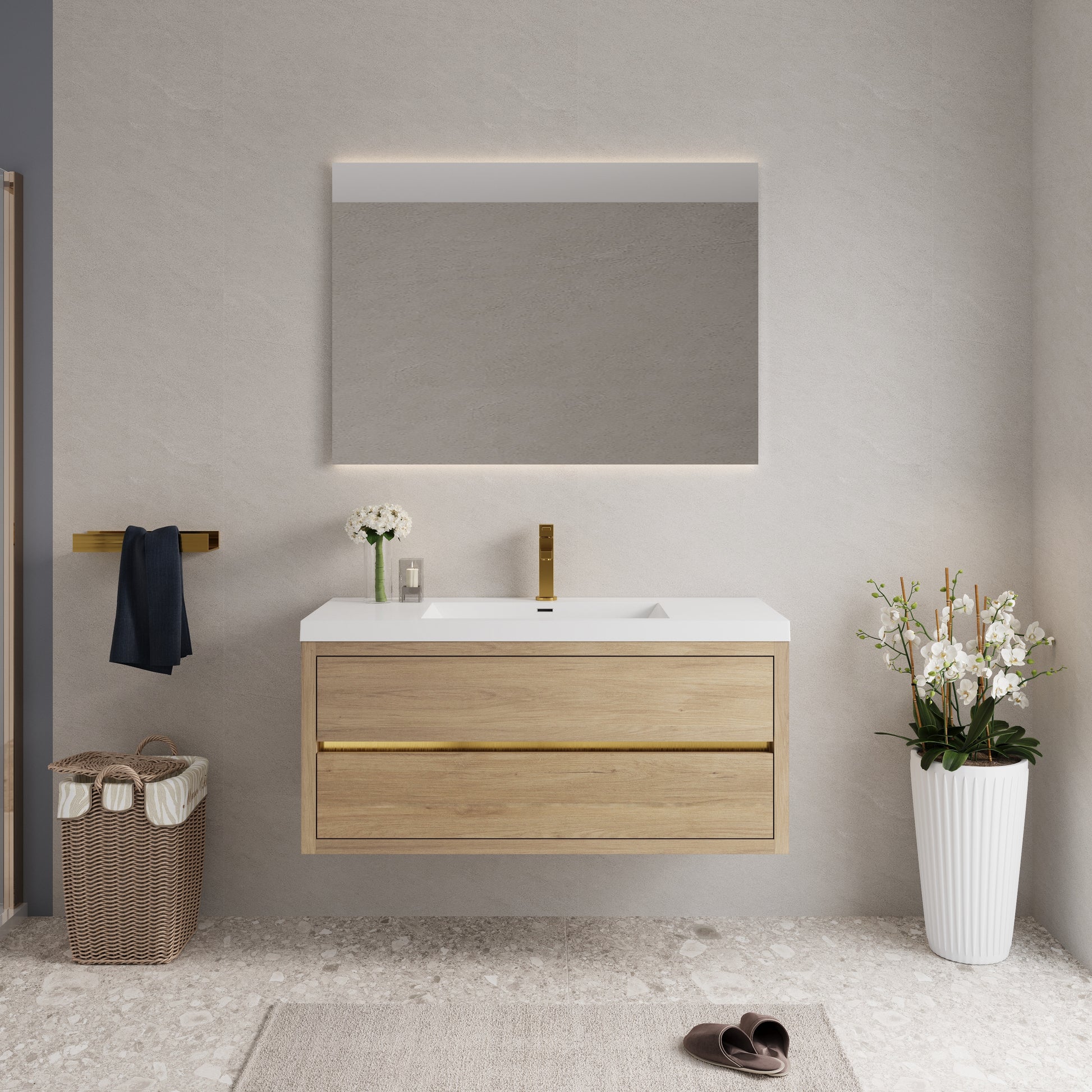 48" Wall-Mounted Bathroom Vanity with Sink, Floating Bathroom Storage Cabinet with Stone Resin Countertop and Soft Close Drawers Fully Assembled, Natural Oak 24V15-48NO-W1920P385578