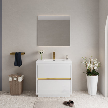 36" Freestanding Bathroom Vanity with Sink, Bathroom Storage Vanity Cabinet with Stone Resin Countertop and Soft Close Drawers Fully Assembled, Glossy White 24V14-36GW-W1920P385544