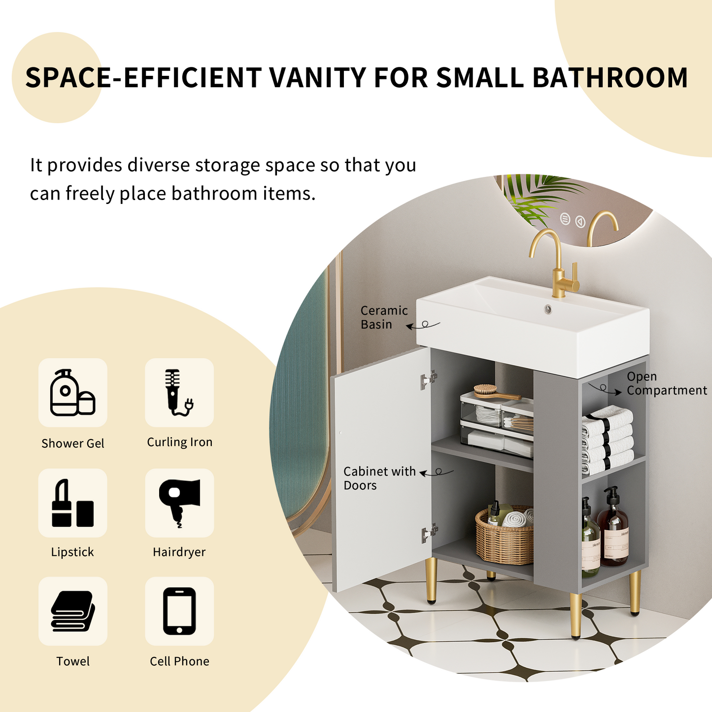Gray Wood Bathroom Vanity with Sink - Open Shelving Storage