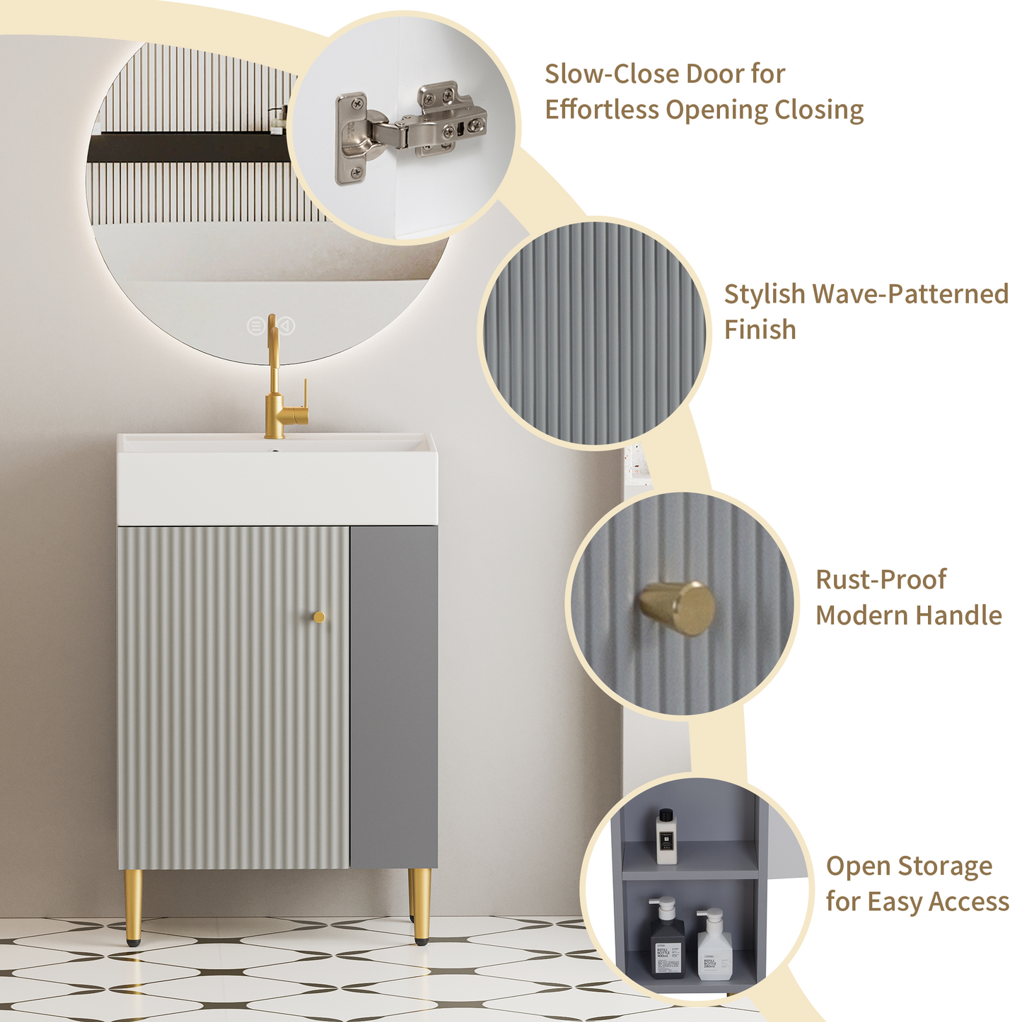 Gray Wood Bathroom Vanity with Sink - Open Shelving Storage