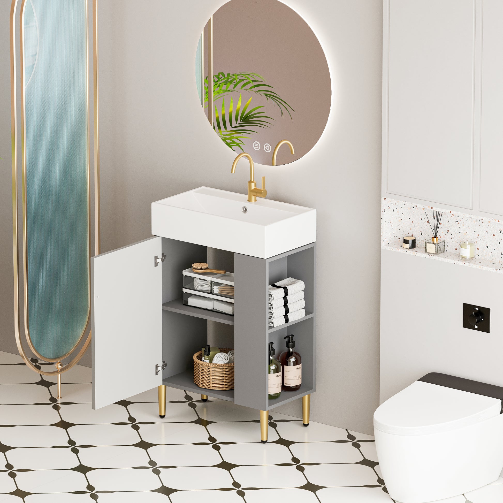Gray Wood Bathroom Vanity with Sink - Open Shelving Storage