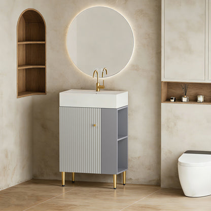 21.6" Open-Shelving Vanity with Ceramic Sink and Soft-Close Door, Cloakroom Storage Cabinet on Right Side, Assembly Required, Grey Finish. 24VB06-21MGR CONTACT SELLER FOR STOCK-W1920S00186
