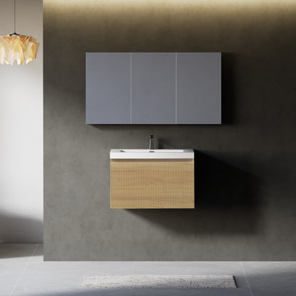 24'' Floating Bathroom Vanity with Sink, Wall-Mounted Striped Storage Cabinet with Soft-Close Drawer and Glossy White Solid Surface Basin, Fully Assembled, Natural Oak 24V16-24NOW-W1920P385431