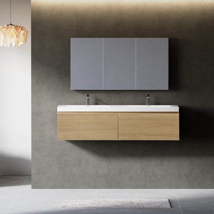 60" Floating Vanity with Sink, Wall-Mounted Striped Cabinet, Soft-Close Drawer, Double Glossy White Solid Surface Basins, Fully Assembled, Natural Oak Finish. Model: 24V16-60NOW-W1920P385461