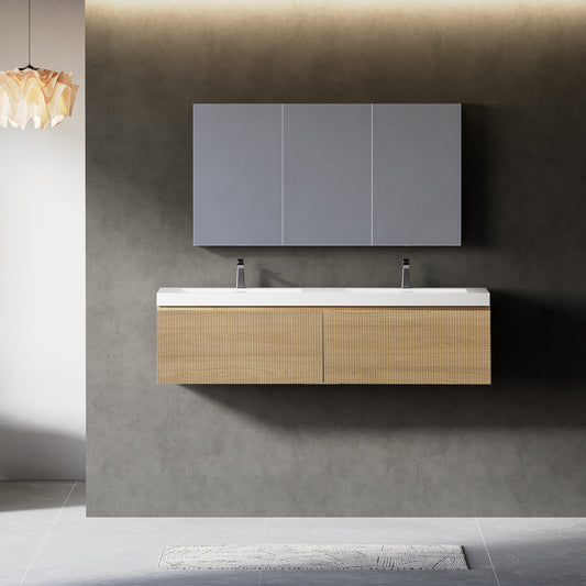 60" Floating Vanity with Sink, Wall-Mounted Striped Cabinet, Soft-Close Drawer, Double Glossy White Solid Surface Basins, Fully Assembled, Natural Oak Finish. Model: 24V16-60NOW-W1920P385461
