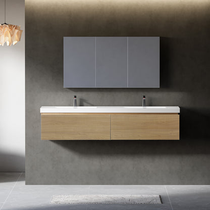 72" Floating Vanity with Sink, Wall-Mounted Striped Cabinet, Soft-Close Drawer, Double Glossy White Solid Surface Basins, Fully Assembled, Natural Oak Finish. Model: 24V16-72NOW-W1920P385467
