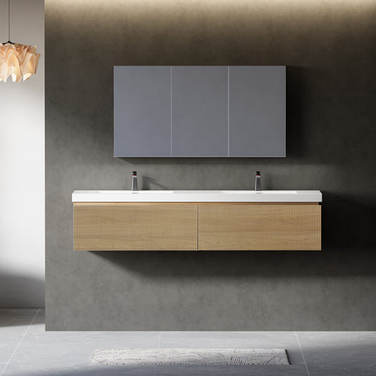 72" Floating Vanity with Sink, Wall-Mounted Striped Cabinet, Soft-Close Drawer, Double Glossy White Solid Surface Basins, Fully Assembled, Natural Oak Finish. Model: 24V16-72NOW-W1920P385467