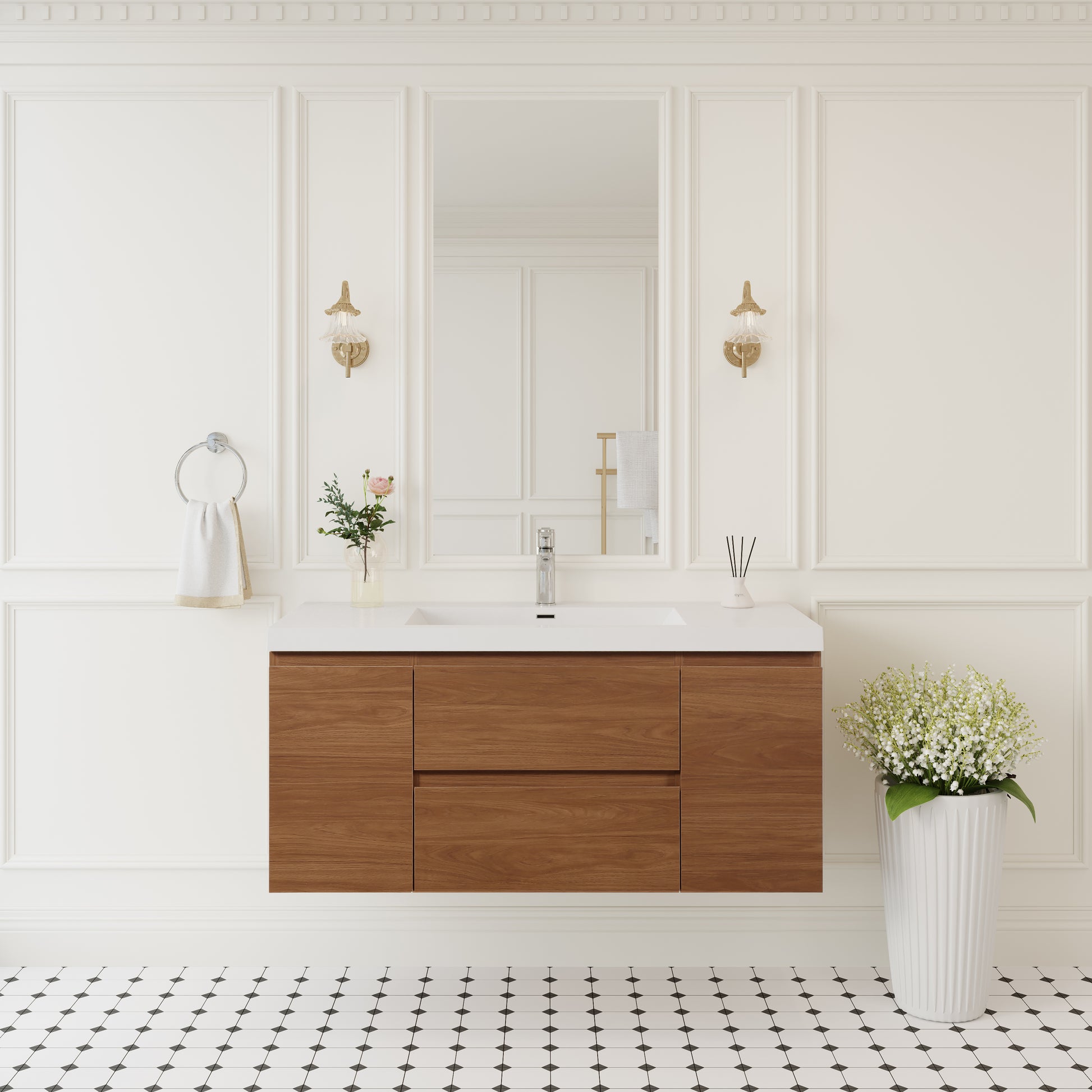 48" Floating Bathroom Vanity with Sink, Wall-Mounted Storage Cabinet with Solid Surface Top Basin and Soft Close Drawers Fully Assembled, Honey Gold Walnut 24V11-48WN-W1920P414538