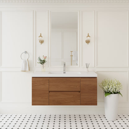 48" Floating Bathroom Vanity with Sink, Wall-Mounted Storage Cabinet with Solid Surface Top Basin and Soft Close Drawers Fully Assembled, Honey Gold Walnut 24V11-48WN-W1920P414538
