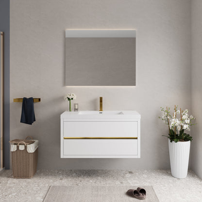 42" Wall-Mounted Bathroom Vanity with Sink, Floating Bathroom Storage Cabinet with Stone Resin Countertop and Soft Close Drawers Fully Assembled, Glossy White 24V15-42GW-W1920P414543