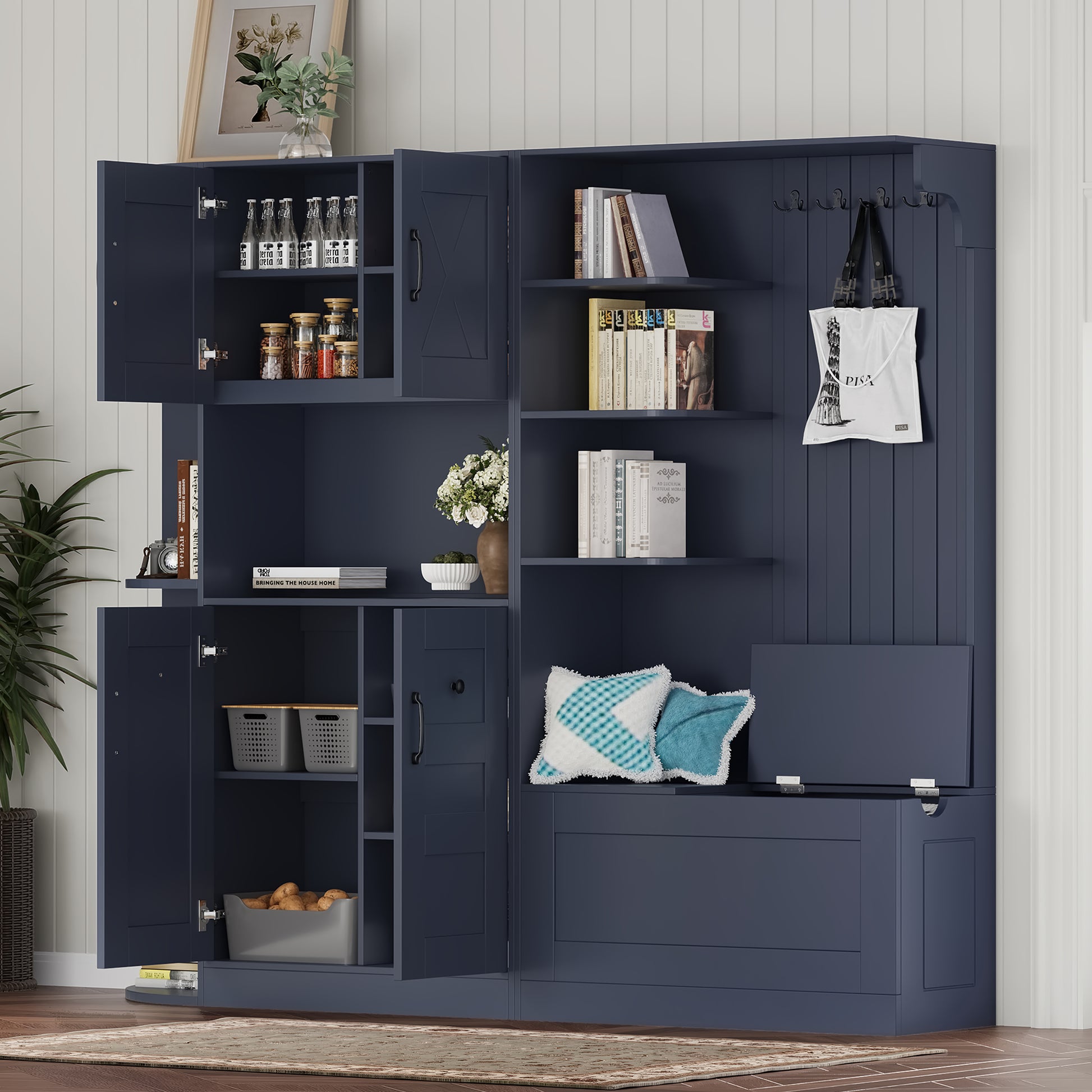 Multifunctional Hall Cabinet - Antique Blue Storage & Hooks