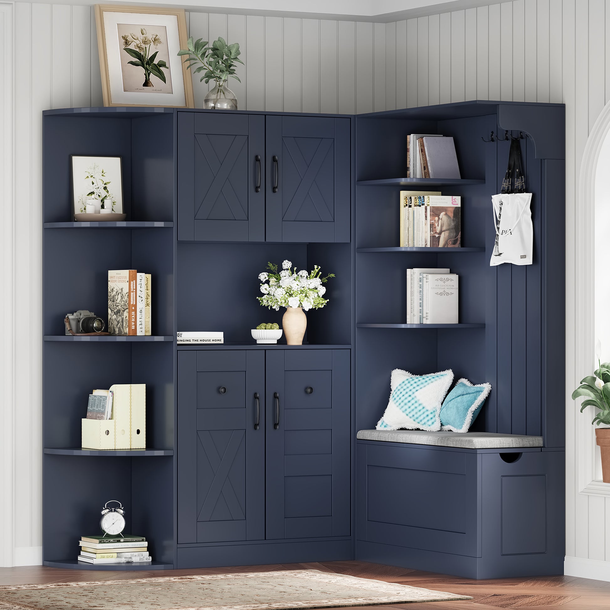 Multifunctional Hall Cabinet - Antique Blue Storage & Hooks