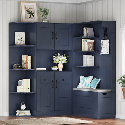 Multifunctional Hall Cabinet - Antique Blue Storage & Hooks