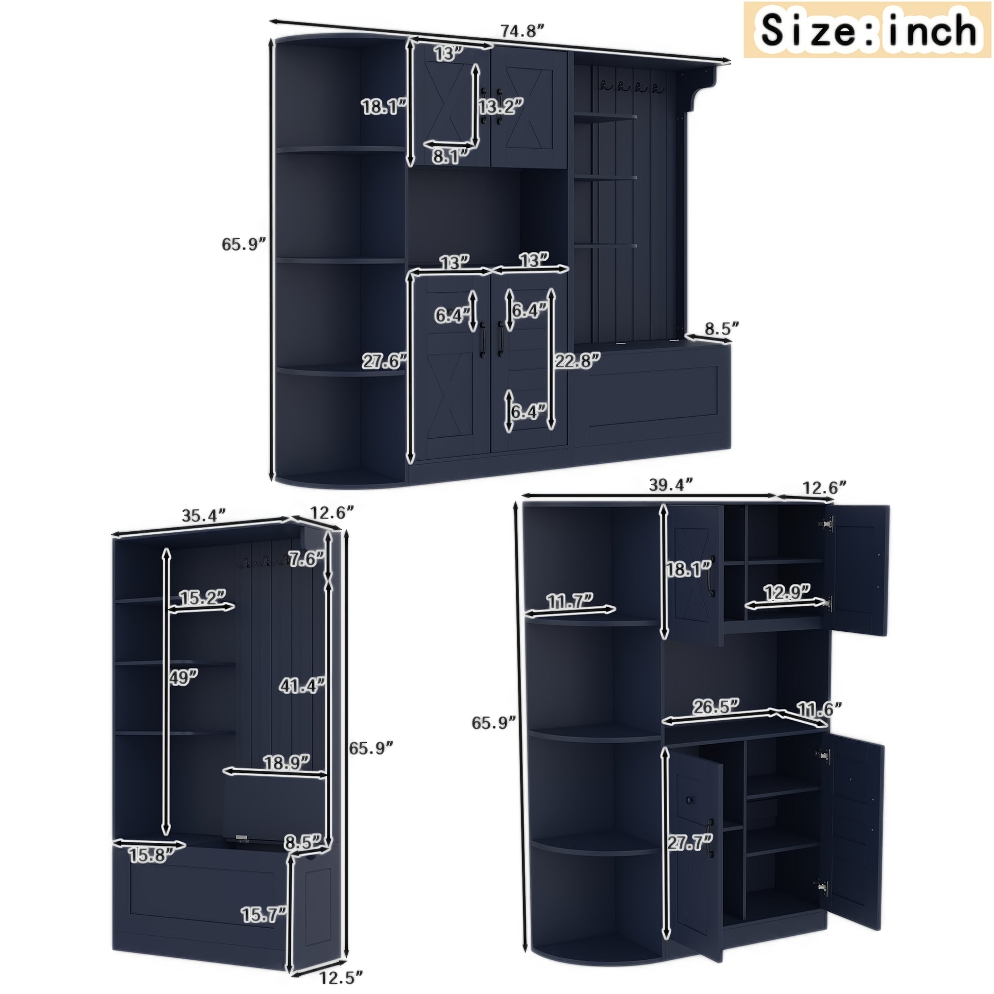 Multifunctional Hall Cabinet - Antique Blue Storage & Hooks