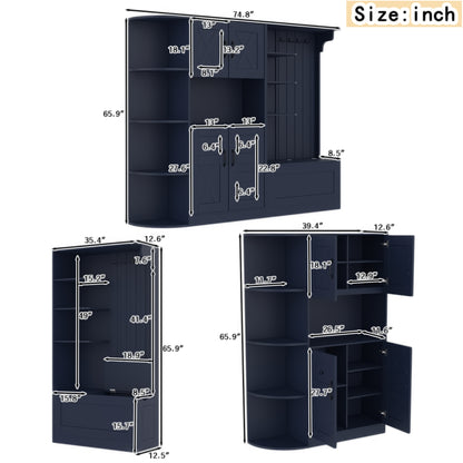 Multifunctional Hall Cabinet - Antique Blue Storage & Hooks