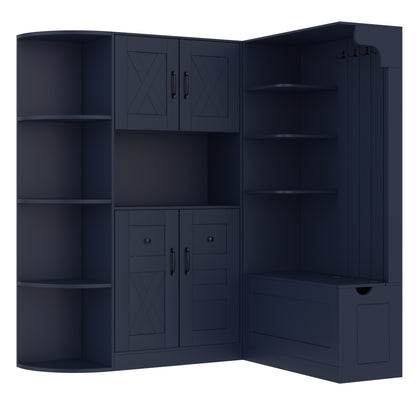 Multifunctional Hall Cabinet - Antique Blue Storage & Hooks