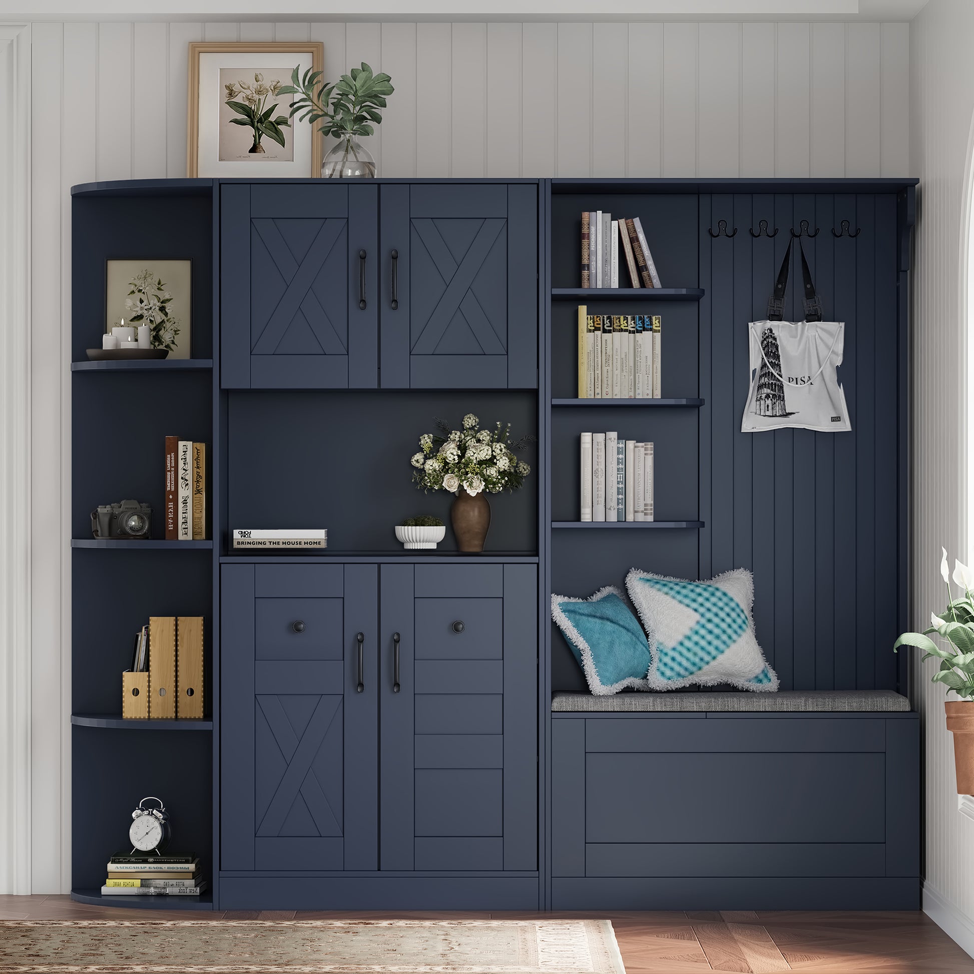 Multifunctional left-right combination hall cabinet (can be used separately) with storage and 4 hooks, storage cabinet/ hall tree 2 in 1 for living room, kitchen and hallway,  Antique Blue