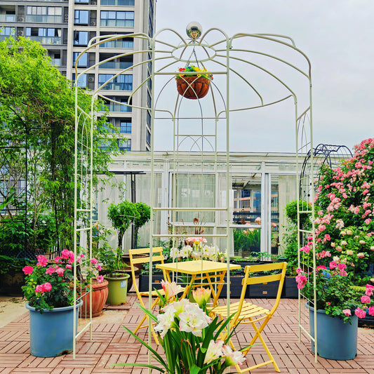 Metal Garden Arch Iron Garden Arbors Gazebo Dia 81.3'' x 114.2'' High Birdcage Shape Pergola Pavilion for Wedding Ceremony Cream White