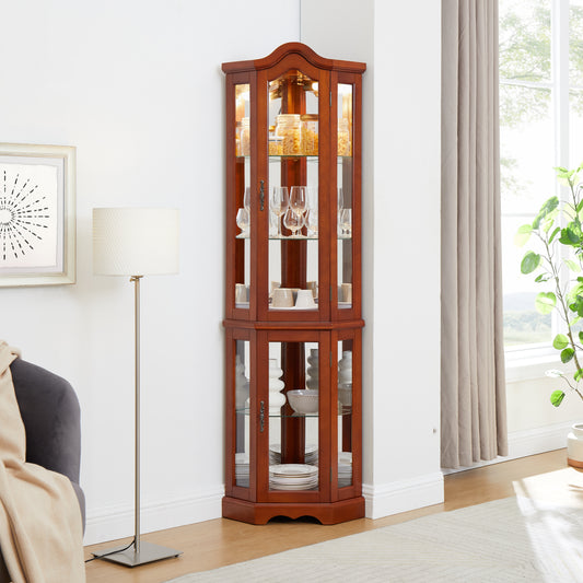 Corner Curio Cabinet with Lights, Adjustable Tempered Glass Shelves, Mirrored Back, Display Cabinet,Walnut(E26 light bulb not included)