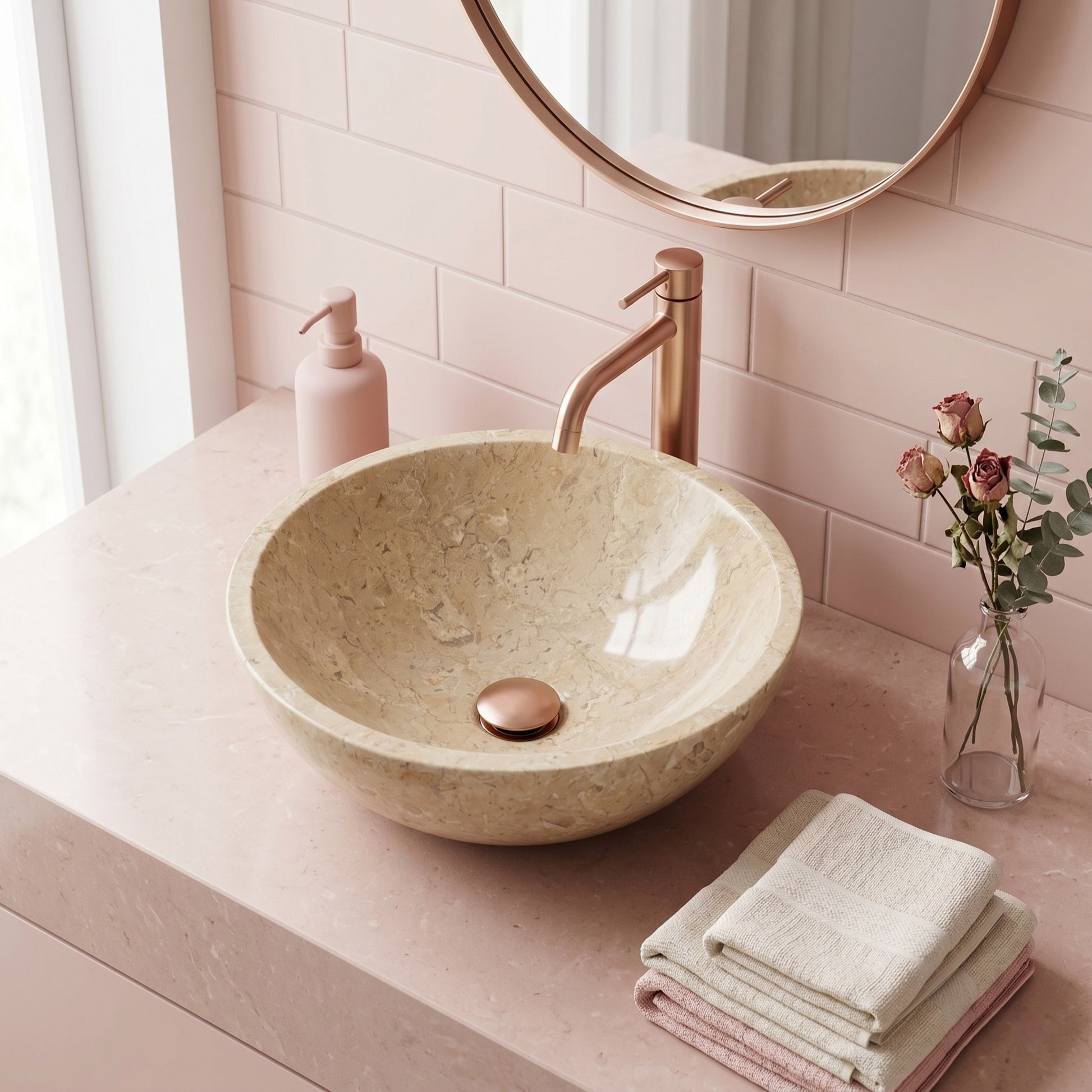 Beige & Gold Marble Bathroom Vessel Sink - ⌀15.7 x 5.9"