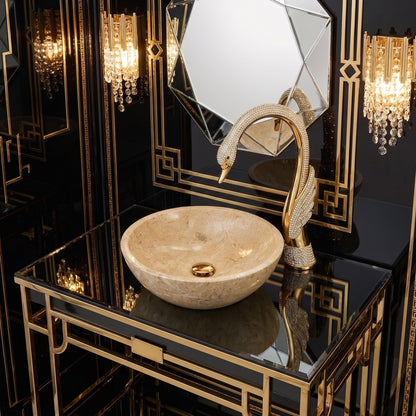 Gold Beige natural marble bathroom vessel sink, polished surface, natural stone, genuine marble, real marble, ⌀15.7XH5.9 inches/ ⌀400XH150 mm