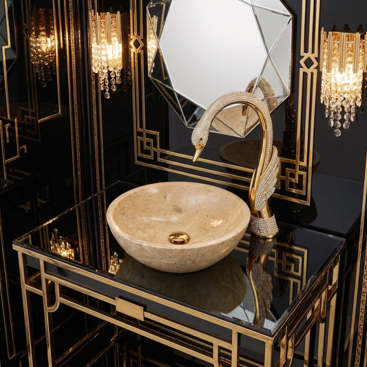 Gold Beige natural marble bathroom vessel sink, polished surface, natural stone, genuine marble, real marble, ⌀15.7XH5.9 inches/ ⌀400XH150 mm