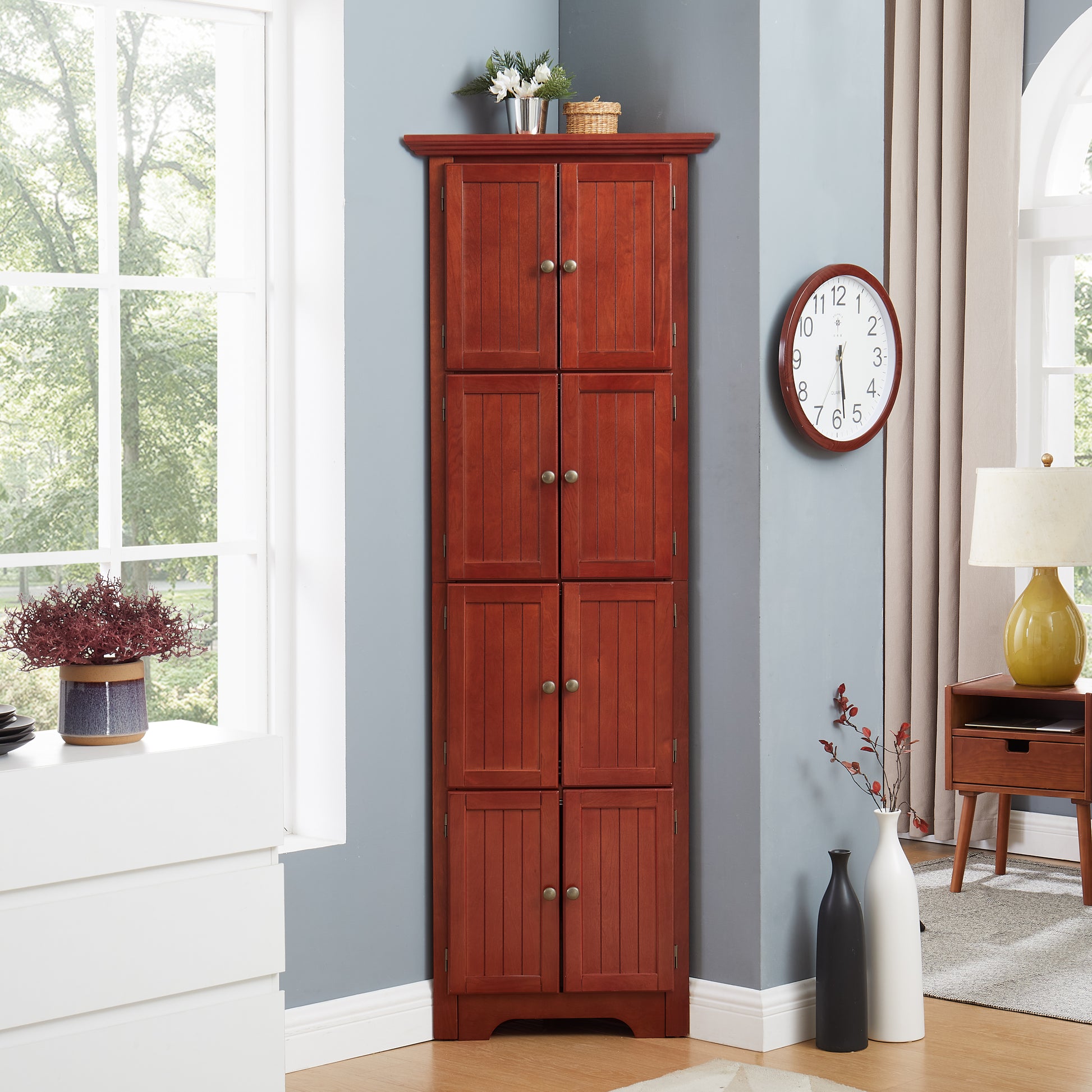 4-Tier Corner Pantry Cabinet - Cherry MDF Storage for Living Room