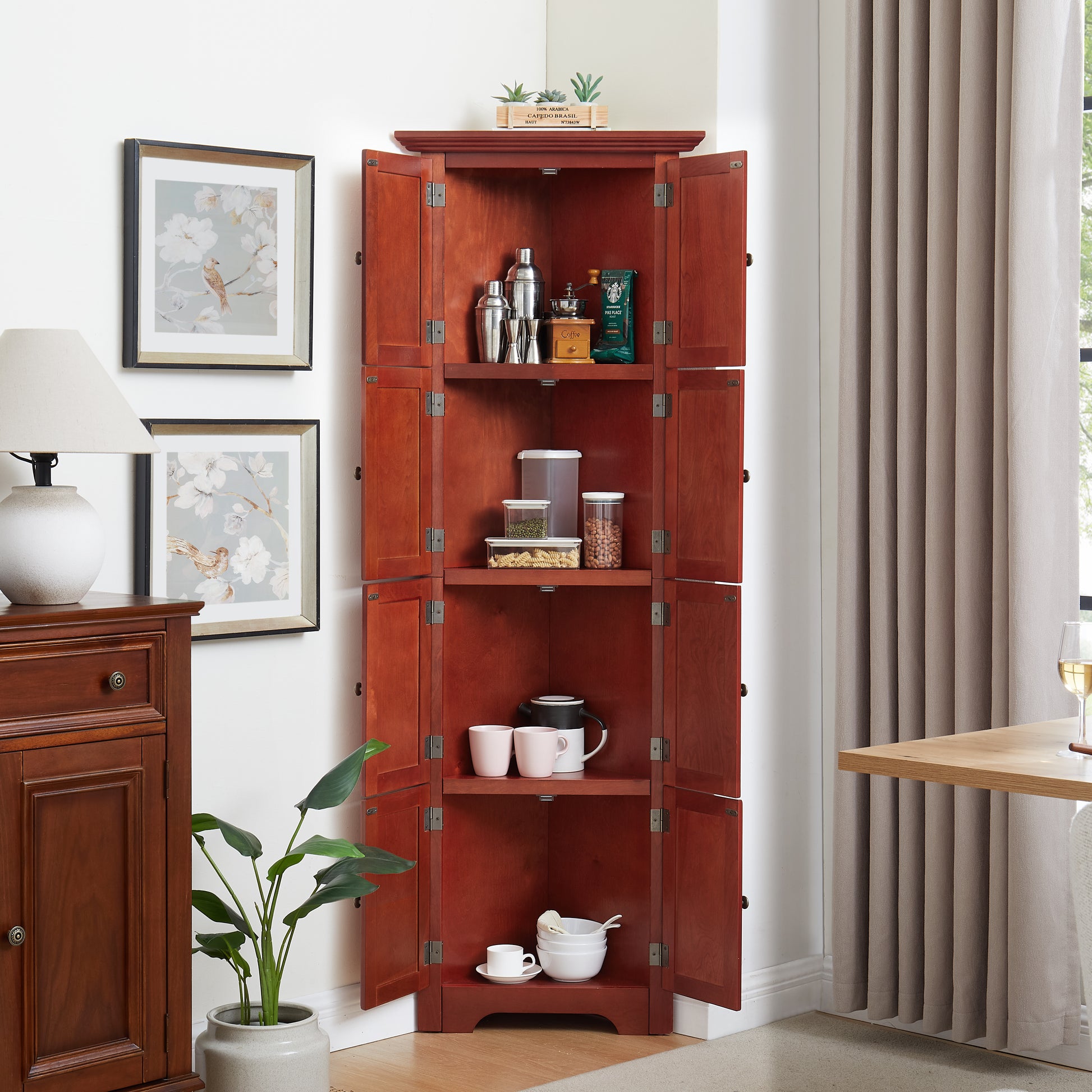 4-Tier Corner Pantry Cabinet - Cherry MDF Storage for Living Room