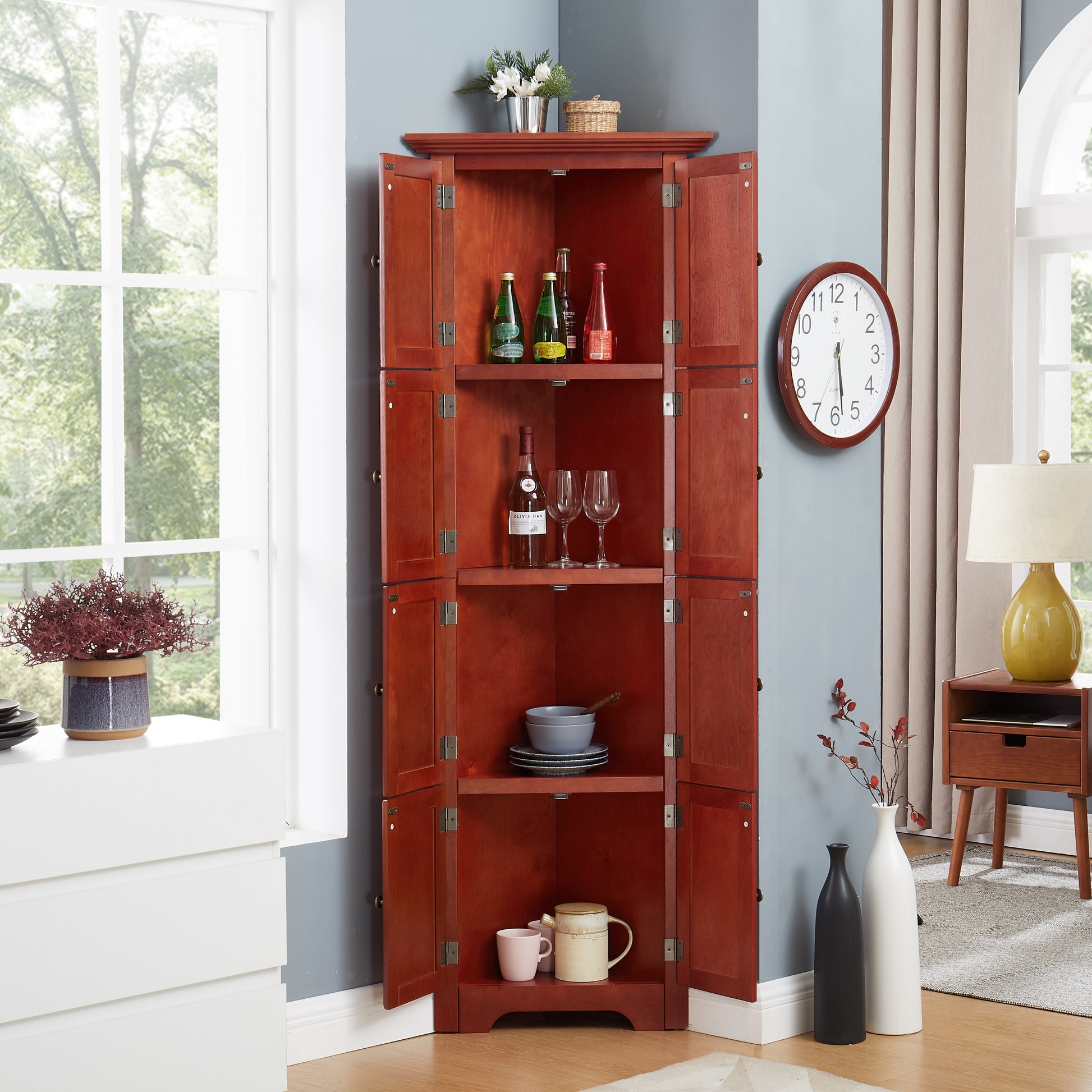 4-Tier Corner Pantry Cabinet - Cherry MDF Storage for Living Room
