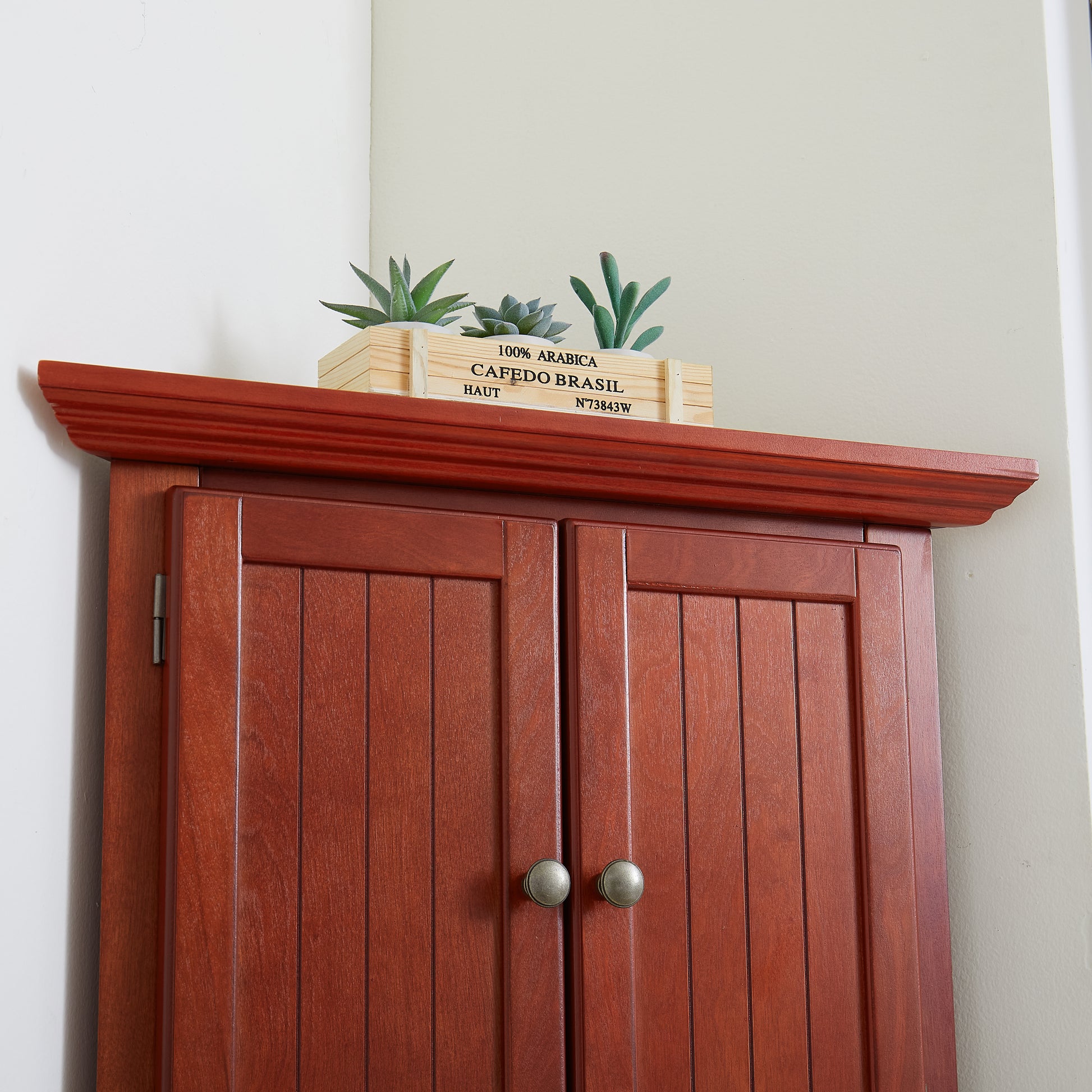 4-Tier Corner Pantry Cabinet - Cherry MDF Storage for Living Room