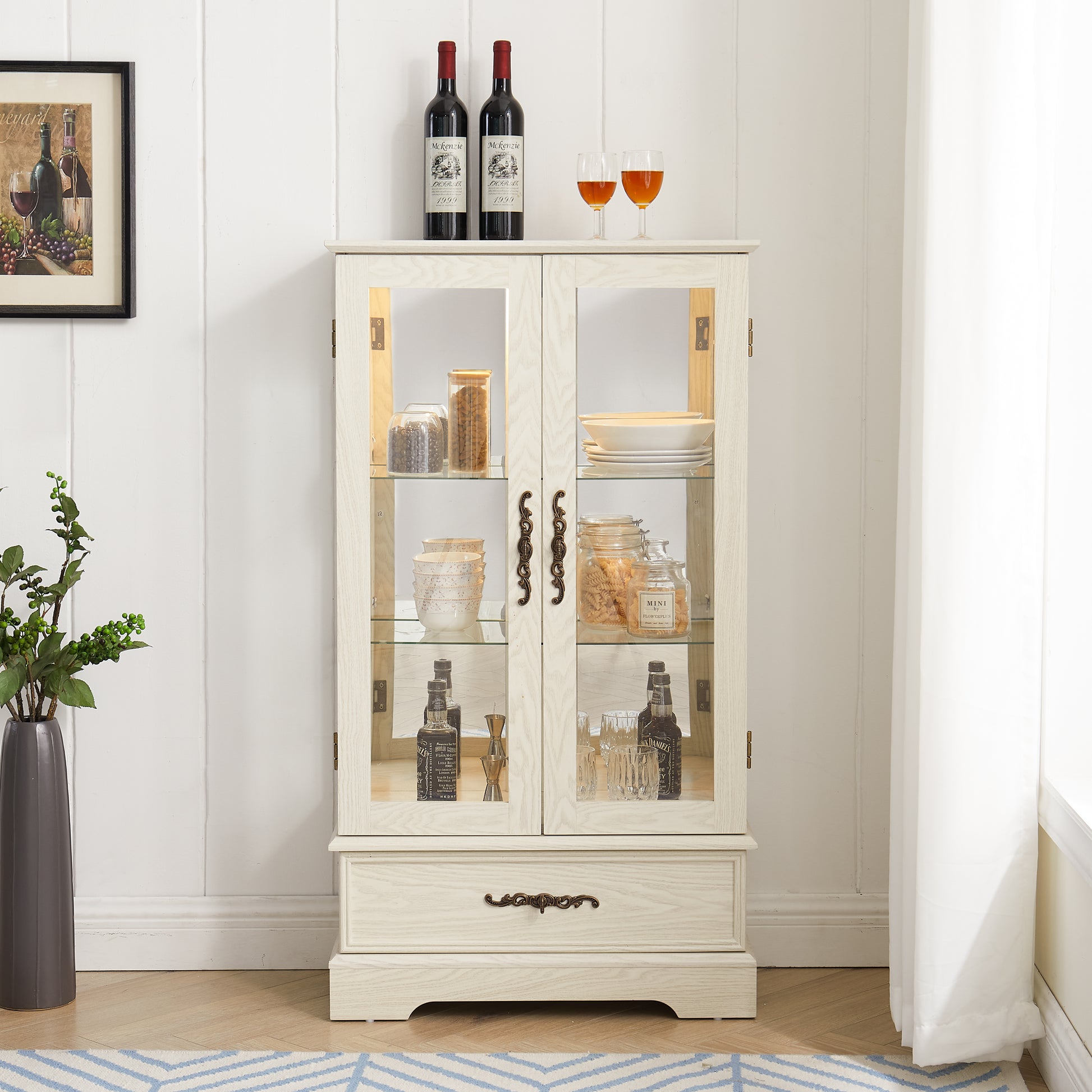 Lighted Glass Curio Cabinet with Adjustable Shelves - Elegant 2-Door Display Cabinet & Built-in Drawer, Includes Bulb - White Finish