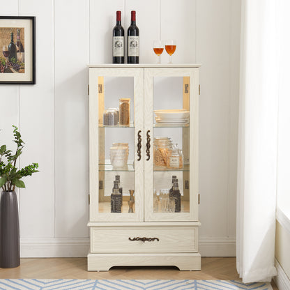 Lighted Glass Curio Cabinet with Adjustable Shelves - Elegant 2-Door Display Cabinet & Built-in Drawer, Includes Bulb - White Finish
