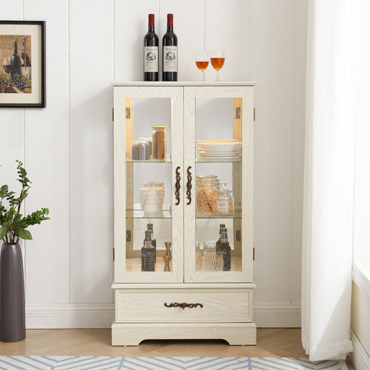 Lighted Glass Curio Cabinet with Adjustable Shelves - Elegant 2-Door Display Cabinet & Built-in Drawer, Includes Bulb - White Finish