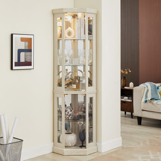 Lighted Corner Curio Cabinet - Display Case for Living Room, Antique Collectibles, Wine & Bar Glass Storage - Elegant Corner Design with Lights Included- White