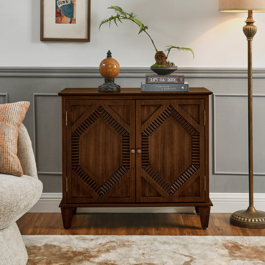 33.6" Retro Wooden Sideboard Buffet Cabinet with Storage, Symmetrical Geometric Accent Display Cabinets, Media Console Credenza for Living Room/Entryway/Dining Room/Kitchen, Walnut