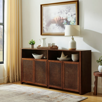 Walnut Rattan Sideboard Buffet Cabinet - 63" Storage