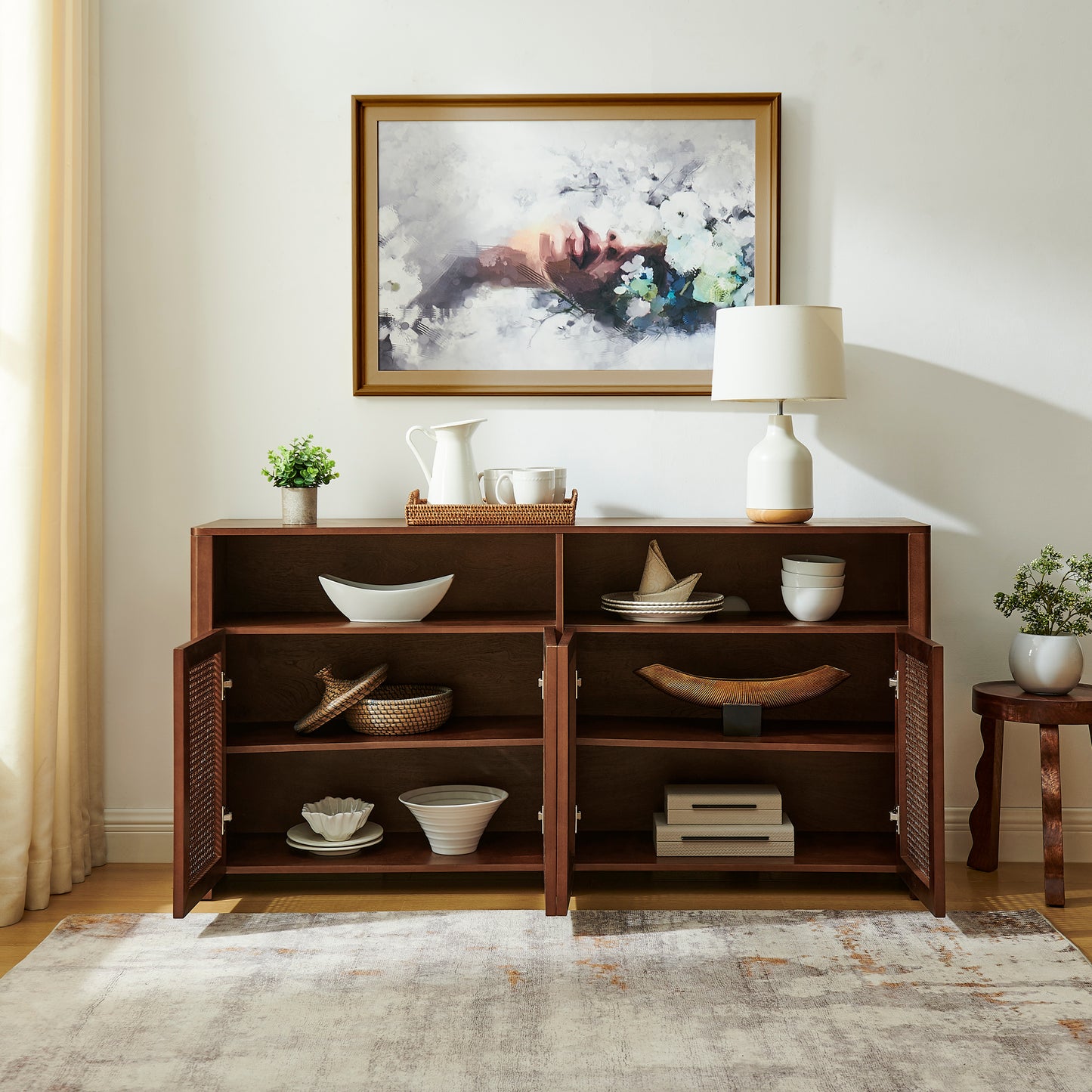 Walnut Rattan Sideboard Buffet Cabinet - 63" Storage